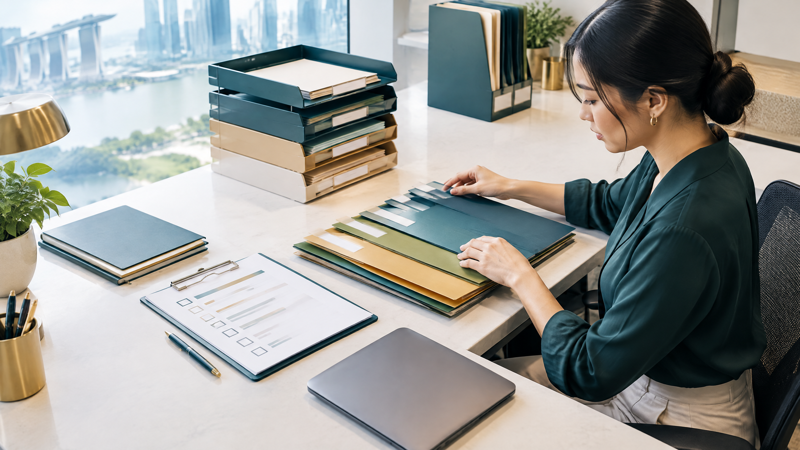 HR operations manager organising payroll records and transition materials in a Singapore office.